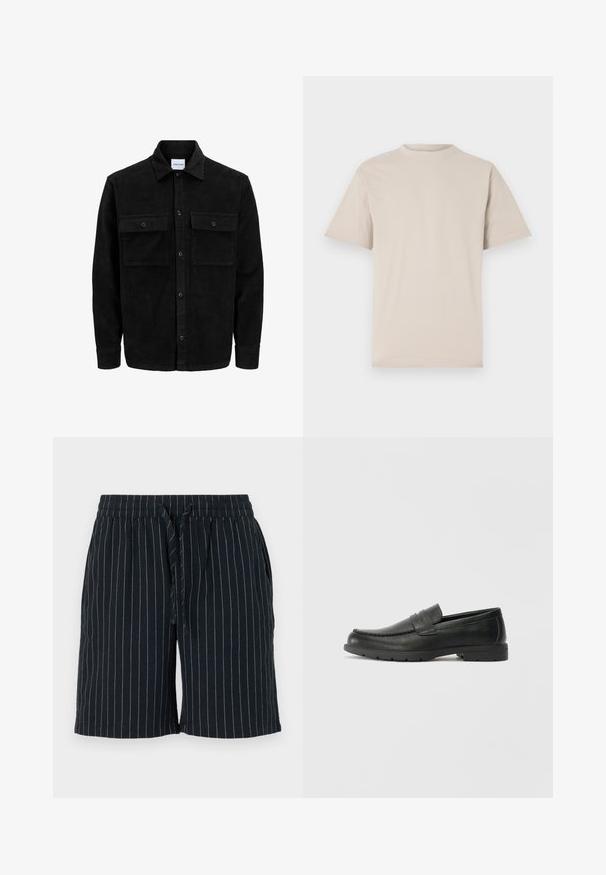 Giacca in corduroy nera con bottoni, due tasche anteriori con patta, colletto classico, maniche lunghe e texture a coste.; T-shirt beige a maniche corte, colletto girocollo, realizzato in morbido tessuto di cotone, caratterizzato da una vestibilità rilassata e senza motivi o decorazioni visibili.; Pantaloni corti blu scuro con strisce verticali chiare, cintura elastica, chiusura con lacci e tasche laterali. Realizzati in un tessuto leggero.; Mocassini neri in pelle con una finitura liscia, parte superiore in stile mocassino, dettagli cuciti e suola in gomma. Design classico con tacco basso.