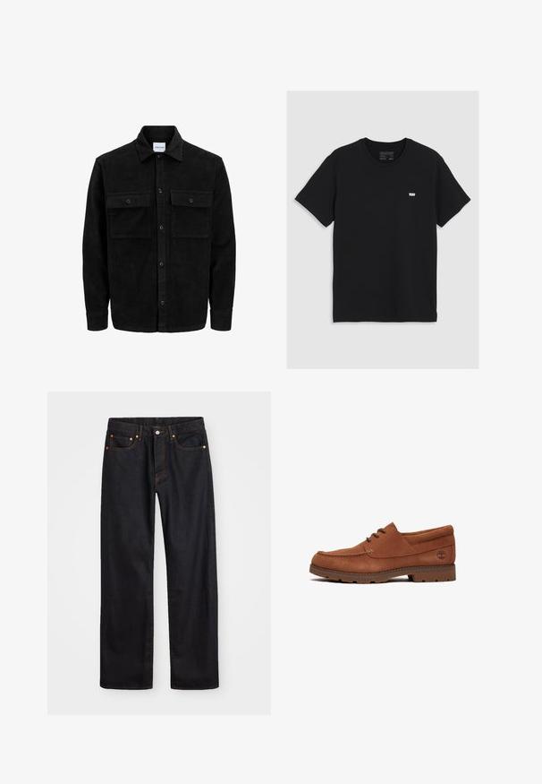 Chaqueta de pana negra con botones, dos bolsillos delanteros con solapa y un cuello clásico, mangas largas y textura acanalada.; Camiseta de algodón negra de manga corta, con cuello redondo, presenta un pequeño logo blanco de Levi's en el pecho, textura suave, corte clásico.; Jeans de mezclilla negros de pierna recta para hombre, con cinco bolsillos y costuras en color naranja, cierre de botón y cremallera en la parte delantera de la cintura.; Zapato de ante marrón con un perfil bajo, punta redondeada y suela de goma marrón. Presenta costuras sutiles y un logotipo en el lado exterior.