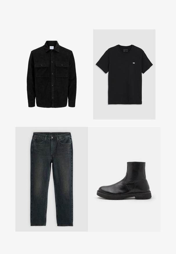 Černá kordurová košile s knoflíky, dvěma předními klopovými kapsami a klasickým límcem, dlouhými rukávy a vroubkovanou texturou.; Černé bavlněné tričko s krátkým rukávem, kulatým výstřihem, malým bílým logem Levi's na hrudi, hladká textura, klasický střih.; Tmavě modré džíny z denimu se střihy rovnými nohavicemi, obsahující pět kapes, zipový pas a kontrastní šití. Jemné blednutí na látce.; Černé kožené kotníkové boty se hladkým povrchem, zaoblenou špičkou a elastickými bočními panely; robustní gumová podrážka pro zvýšenou odolnost.
