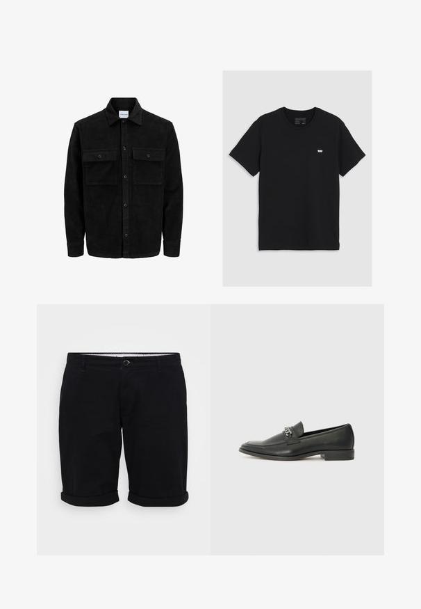 Black corduroy button-up jacket with two front flap pockets and a classic collar, long sleeves, and ribbed texture.; Black cotton t-shirt with short sleeves, round neckline, features a small white Levi's logo on the chest, smooth texture, classic fit.; Black cotton shorts with a straight cut, rolled cuffs, and front button closure. Features pockets and a patterned inner waistband.; Black leather loafer with a smooth finish, featuring a stitched design and a decorative metal chain accent across the vamp. Flat heel.