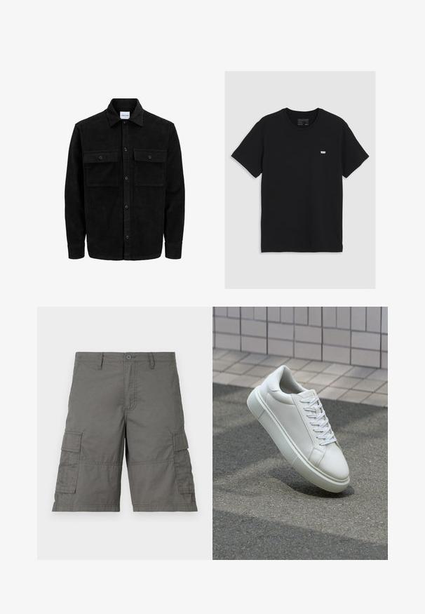 Sort fløjl button-up jakke med to frontlommer og klassisk krave, lange ærmer og ribbet tekstur.; Sort bomulds t-shirt med korte ærmer, rund halsudskæring, har et lille hvidt Levi's-logo på brystet, glat tekstur, klassisk pasform.; Grå cargo shorts med knaplukning, flere sidelommer og stikningsdetaljer. Fremstillet af letvægts, holdbart stof.; Hvide lædersneakers med en glat overflade, rund tå og flade hvide snørebånd. Har en tekstureret gummisål og minimalt design.