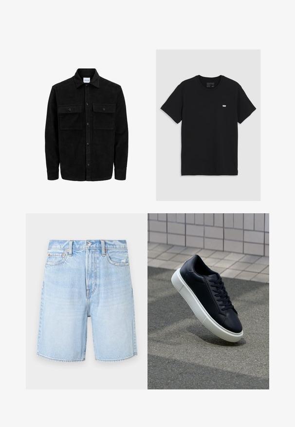 Črna kordurojska jakna z gumbi, z dvema sprednjima žepoma z zavihkom in klasičnim ovratnikom, dolgimi rokavi ter rebrasto teksturo.; Črna bombažna majica s kratkimi rokavi, okroglo izrezana, z manjšim belim logotipom Levi's na prsih, gladka tekstura, klasičen kroj.; Svetlo modri jeans kratke hlače s klasičnim krojem, ki imajo pet žepov, razmršen rob in kontrastno šivanje.; Črne usnjene superge z zaobljenim prstom in belim gumijastim podplat. Imajo ravne vezalke in minimalno šivanje na zgornjem delu. Teksturirani podplat za oprijem.