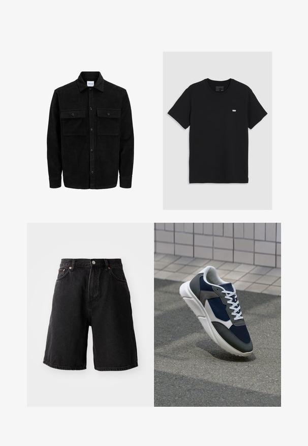 Veste en velours côtelé noire à boutons, avec deux poches à rabat à l'avant et un col classique, des manches longues et une texture côtelée.; T-shirt en coton noir à manches courtes, col rond, présentant un petit logo blanc Levi's sur la poitrine, texture lisse, coupe classique.; Shorts en denim noir à coupe loose, avec des accessoires en cuivre, cinq poches et un ourlet droit. Le tissu a une surface douce et texturée.; Baskets avec une tige en mesh bleu marine, des accents en suède gris, une semelle en caoutchouc blanc et des lacets plats blancs, conçues pour le confort et la respirabilité.