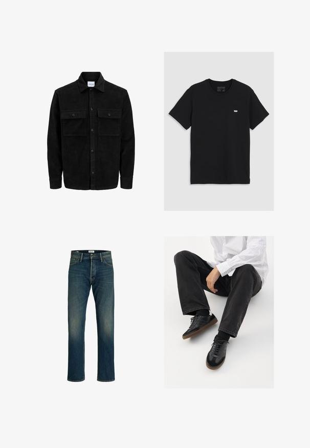 Melnas kordūru pogu jaka ar divām priekšējām atloka kabatām un klasisku apkakli, garām piedurknēm un ribotu tekstūru.; Melna kokvilnas T-kreklis ar īsām piedurknēm, apaļu kakla izgriezumu, uz krūtīm ir neliels balts Levi's logo, gluda tekstūra, klasiskā piegriezuma.; Denim džinsi ar vidēju zilu krāsu, taisnu kāju griezumu, klasisku piecu kabatu dizainu un vieglu izbalēšanu uz augšstilbiem, lai piešķirtu tekstūru.; Melnas sporta kurpes ar gludu un teksturētu virsu, apgādātas ar gumijas zoli un tumšiem auklām. Saskaņotas ar melniem džinsiem un baltu svītrainu krekls.