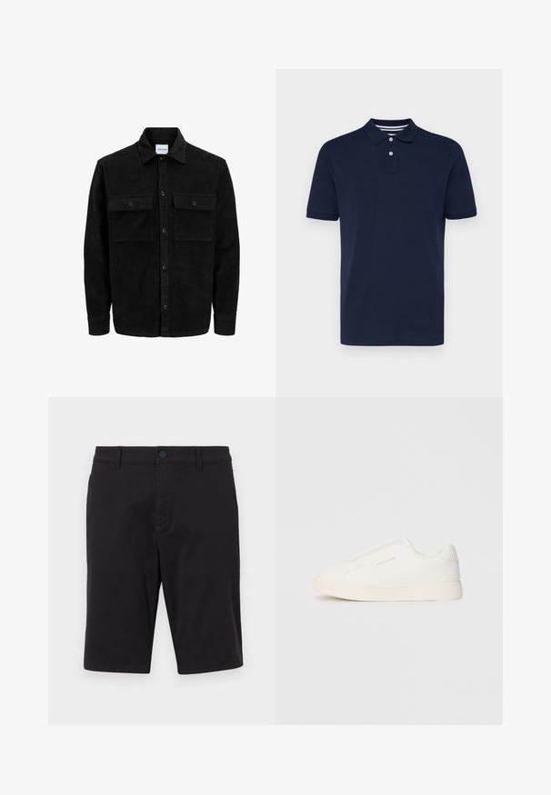 Mustmustöös nupuga jope, millel on kaks eesmist klapiga taskut ja klassikaline kaelus, pikad varrukad ning ribakujuline tekstuur.; Tumed sinise lühikese varrukaga polo särk, valmistatud puuvillast, millel on kraega kaelus kolmes nupuga ja peened horisontaalribalised kaeluses.; Kerged lühikesed püksid, mis on valmistatud kergest kangast. Omavad nööpkinnitust, vöökohas aasa, kahte küljetaskut ja sirget lõiget.; Valged libisemiskindlad tossud tekstuuriga pinnaga, paksu tallaga ja minimalistikus disainis. Küljel on brändi logo.