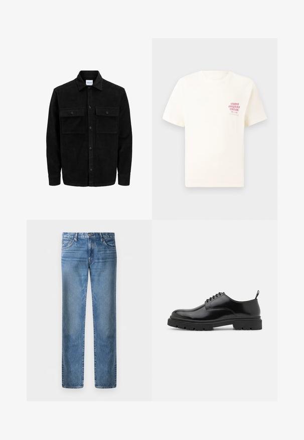 Melnas kordūru pogu jaka ar divām priekšējām atloka kabatām un klasisku apkakli, garām piedurknēm un ribotu tekstūru.; Balts īsām piedurknēm T-krekls ar sarkanu tekstu "Studio Originals Edition" uz kreisā krūšu, pakārtots neitrālā pelēkā fonā.; Gaiši zili džinsi ar taisnu kāju dizainu, pieci kabatas, metāla pogas aizdare, izbalējušas tekstūras ar nelielu nodilumu uz priekšpuses.; Melnas ādas siksniņu kurpes ar apaļu purngalu, gludu tekstūru un ar rievotu gumijas zoli. Iezīmējas ar mazu papēdi un cilpu aizmugurē.