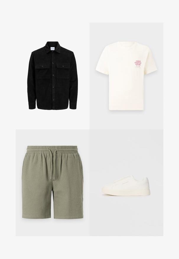 Schwarze Corduroy-Button-Up-Jacke mit zwei frontalem Klappentaschen und klassischem Kragen, langen Ärmeln und gerippter Textur.; Weißes T-Shirt mit kurzen Ärmeln und rotem Text "Studio Originals Edition" auf der linken Brust, präsentiert vor einem neutralen grauen Hintergrund.; Olivengrüne Shorts mit Waffelstruktur, elastischem Bund, Kordelzug und lockerer Passform. Glatte Säume an den Beinen.; Weiße Slip-On-Sneaker mit einer strukturierten Oberfläche, dicker Sohle und minimalistischem Design. Mit Logo der Marke an der Seite.