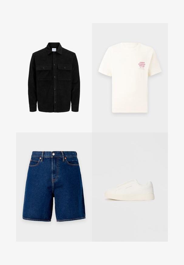 Schwarze Corduroy-Button-Up-Jacke mit zwei frontalem Klappentaschen und klassischem Kragen, langen Ärmeln und gerippter Textur.; Weißes T-Shirt mit kurzen Ärmeln und rotem Text "Studio Originals Edition" auf der linken Brust, präsentiert vor einem neutralen grauen Hintergrund.; Dunkelblaue Denim-Shorts mit mittlerer Leibhöhe, fünf Taschen, Kupferbeschlägen und kontrastierenden orangen Nähten.; Weiße Slip-On-Sneaker mit einer strukturierten Oberfläche, dicker Sohle und minimalistischem Design. Mit Logo der Marke an der Seite.