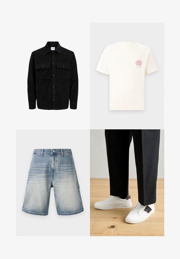 Black corduroy button-up jacket with two front flap pockets and a classic collar, long sleeves, and ribbed texture.; White short-sleeve T-shirt with red text "Studio Originals Edition" on left chest, displayed on a neutral gray background.; Denim shorts with a faded blue color, loose fit, and a straight cut. Features five pockets and belt loops with a subtle distressed pattern.; White sneakers with smooth texture, featuring brown leather accents and black detailing, paired with black tailored pants. Wooden floor background.