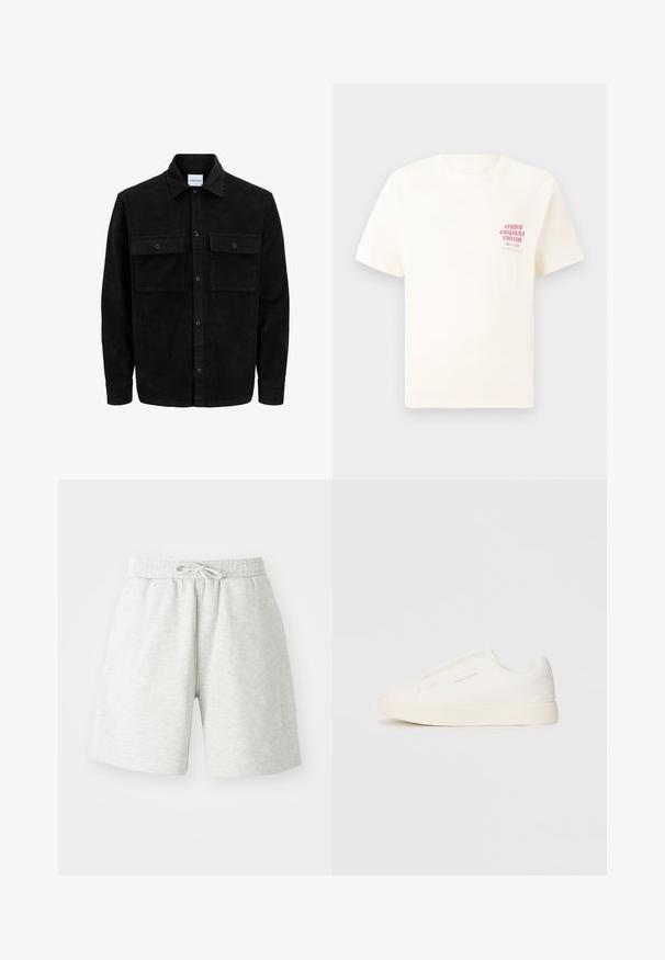 Zwarte corduroy knopenjack met twee voorste klepzakken en een klassieke kraag, lange mouwen en ribbelstructuur.; Witte T-shirt met korte mouwen met rode tekst "Studio Originals Edition" op de linker borst, weergegeven op een neutrale grijze achtergrond.; Lichtgrijze katoenen shorts met een elastische tailleband, touwtjes en zijzakken. Zachte textuur, ontwerp tot op de knie.; Witte instap sneakers met een gestructureerd oppervlak, een dikke zool en een minimalistisch ontwerp. Bevat het merklogo aan de zijkant.