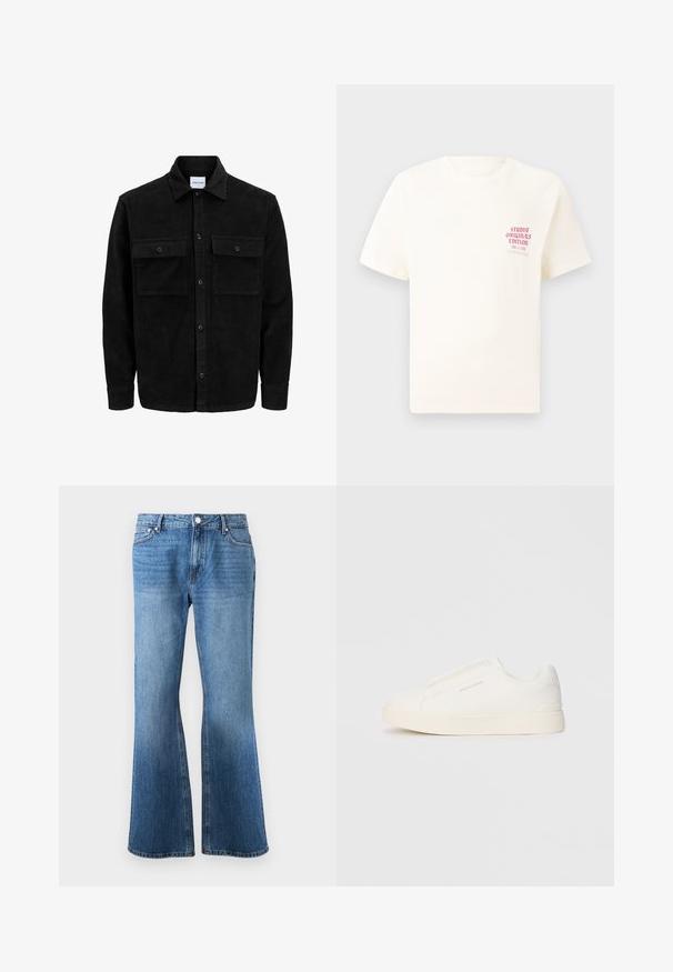 Giacca in corduroy nera con bottoni, due tasche anteriori con patta, colletto classico, maniche lunghe e texture a coste.; T-shirt bianco a maniche corte con testo rosso "Studio Originals Edition" sul lato sinistro del petto, esposto su uno sfondo grigio neutro.; Jeans in denim blu con vita alta e taglio ampio, dotati di tasche frontali, passanti per cintura e chiusura con bottone.; Sneakers bianchi slip-on con superficie texturizzata, suola spessa e design minimalista. Presentano il logo del marchio sul lato.