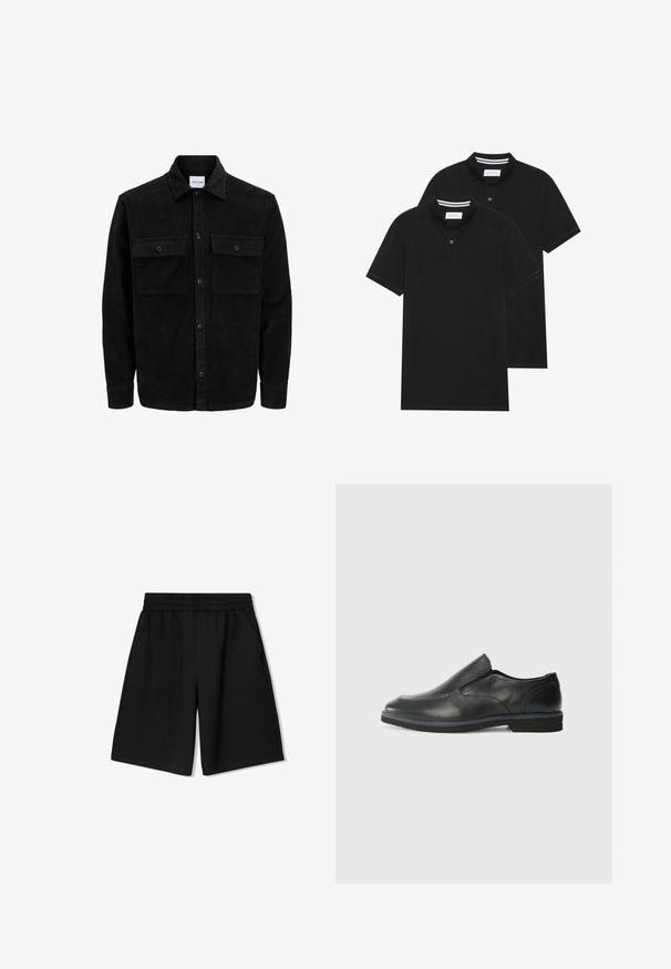 Crni kožni kord jakna na dugmad s dva prednja džepa s preklopom i klasičnim ovratnikom, dugim rukavima i rebrastom teksturom.; Dva crna polo majice, kratki rukavi, pamučni materijal, sa klasičnom ovratnikom, čepom sa dva gumba i bijelim prugastim detaljima unutar ovratnika.; Crne pamučne kratke hlače s elastičnom strukom, bočnim džepovima i opuštenim krojem, s glatkom teksturom i ravnim rubom.; Crne kožne cipele na sklapanje s glatkom gornjom površinom, prošivenim detaljima, zaobljenim vrhom i niskim gumene potplate. Potplat ima minimalne uzorke.