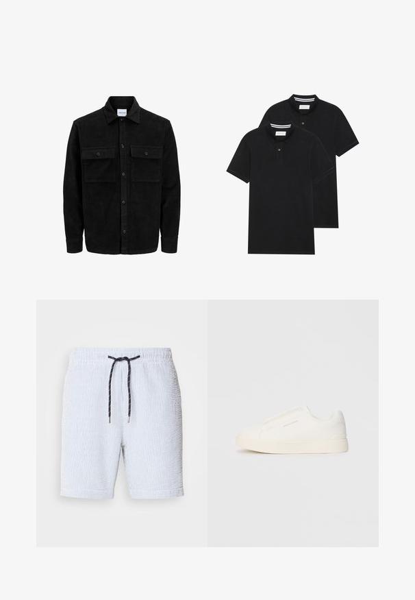 Jachetă din catifea neagră, cu butoni, două buzunare frontale cu clapetă și un guler clasic, mâneci lungi și textură ribbed.; Două tricouri polo negre, cu mânecă scurtă, din material de bumbac, având un guler clasic, deschidere cu două butoane și accente albe cu dungi în interiorul gulerului.; Costum de baie cu dungi în bleu deschis și alb, având o talie elastică cu un șnur bleumarin și mici vârfuri metalice argintii.; Tenisi albi slip-on cu o suprafață texturată, talpă groasă și un design minimalist. Prezintă logo-ul brandului pe lateral.