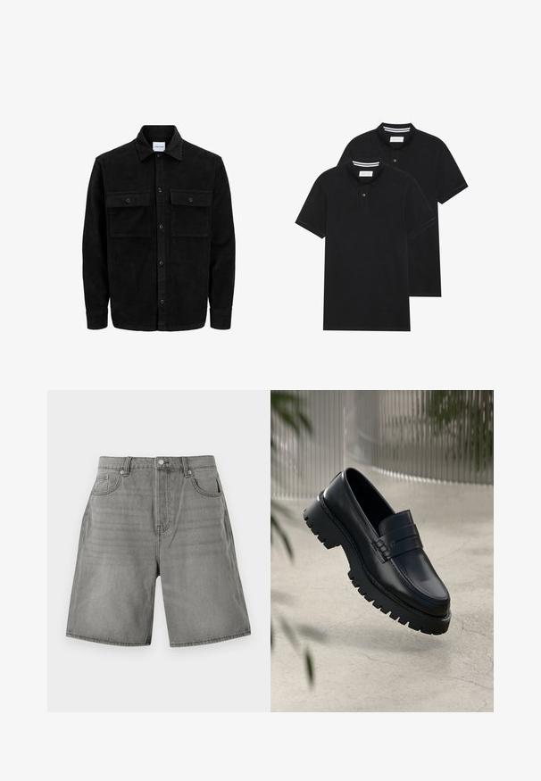 Svart kordflodjacka med knappar, två framfickor med klaff och klassisk krage, långa ärmar och ribbad textur.; Två svarta polo t-shirts, kortärmade, i bomullsmaterial, med en klassisk krage, tvåknappsslutning och vita randiga accenter inuti kragen.; Grå denimshorts med en klassisk design med fem fickor, uppvikta fållar och knappstängning. Tyget har en något sliten textur.; Svarta läder loafers med en kraftig sula, med en dekorativ rem och sömdetaljer. Slät yta med en polerad finish.