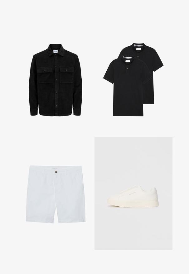 Mustmustöös nupuga jope, millel on kaks eesmist klapiga taskut ja klassikaline kaelus, pikad varrukad ning ribakujuline tekstuur.; Kaks musta polo särki, lühikeste varrukatega, puuvillane materjal, klassikalise kraega, kahe nupuga kinnitusega, valgete triipudega krae sisepinnal.; Valged puuvillased lühikesed püksid, millel on eesnupu sulgemine, kaks külgtaskut ja sirge lõige. Brändi silt "Pier One" vöökoha juures.; Valged libisemiskindlad tossud tekstuuriga pinnaga, paksu tallaga ja minimalistikus disainis. Küljel on brändi logo.
