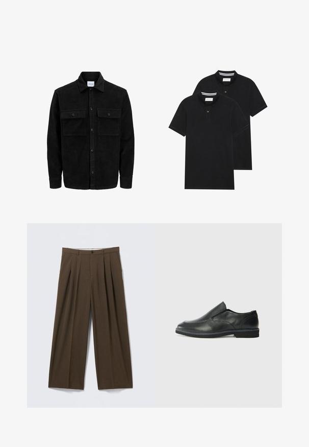 Melnas kordūru pogu jaka ar divām priekšējām atloka kabatām un klasisku apkakli, garām piedurknēm un ribotu tekstūru.; Divas melnas polo krekli, īsām piedurknēm, no kokvilnas materiāla, ar klasisku apkakli, divu pogu aizdari un balti svītroti akcenti apkakles iekšpusē.; Brūnas ar šaurām svītrām bikses ar platām kājām, priekšpusē ar krokām, aiztaisāmas ar pogu un gludu tekstūru.; Melnas ādas slip-on kurpes ar gludu augšdaļu, izšūtām akcentiem, noapaļotu purngala daļu un zemu gumijas papēdi. Zole ar minimālu rakstu.