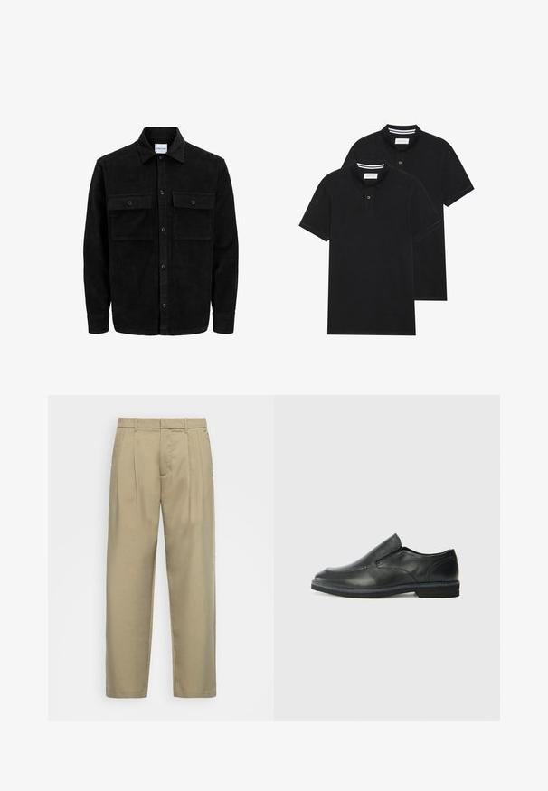 Černá kordurová košile s knoflíky, dvěma předními klopovými kapsami a klasickým límcem, dlouhými rukávy a vroubkovanou texturou.; Dvě černé polokošile s krátkým rukávem z bavlny, s klasickým límcem, dvouknoflíkovou légou a bílými pruhovanými akcenty uvnitř límce.; Beige kalhoty s vysokým pasem a rovnýmlíčkem, s plochým předním dílem, bočními kapsami a hladkým, strukturovaným materiálem.; Černá kožená nazouvací bota s hladkým svrškem, prošívanými detaily, zaoblenou špičkou a nízkým gumovým podpatkem. Podešev má minimální vzorek.