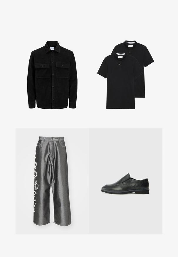 Melnas kordūru pogu jaka ar divām priekšējām atloka kabatām un klasisku apkakli, garām piedurknēm un ribotu tekstūru.; Divas melnas polo krekli, īsām piedurknēm, no kokvilnas materiāla, ar klasisku apkakli, divu pogu aizdari un balti svītroti akcenti apkakles iekšpusē.; Jaded London CURRENCY SHINY COLOSSUS - Brīvi džinsi - silver; Melnas ādas slip-on kurpes ar gludu augšdaļu, izšūtām akcentiem, noapaļotu purngala daļu un zemu gumijas papēdi. Zole ar minimālu rakstu.