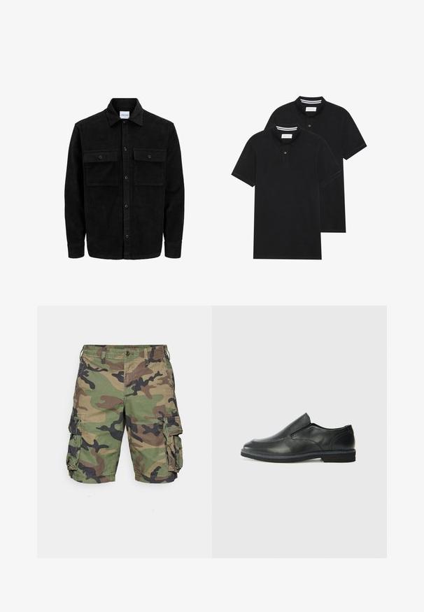 Črna kordurojska jakna z gumbi, z dvema sprednjima žepoma z zavihkom in klasičnim ovratnikom, dolgimi rokavi ter rebrasto teksturo.; Dve črne polo majice, kratke rokave, iz bombažnega materiala, z klasik ovratnikom, dvobodno zaponko in belimi črtkami znotraj ovratnika.; Kratke hlače v kamuflažnem vzorcu v zeleni, rjavi in črni barvi. Narejene iz lahkega materiala z stranskimi žepi in gumbom za zapiranje, imajo sproščen kroj.; Črne usnjene natikače z gladkim zgornjim delom, prišitimi detajli, zaobljenim nosom in nizkim gumijastim petkom. Podplat ima minimalen profil.
