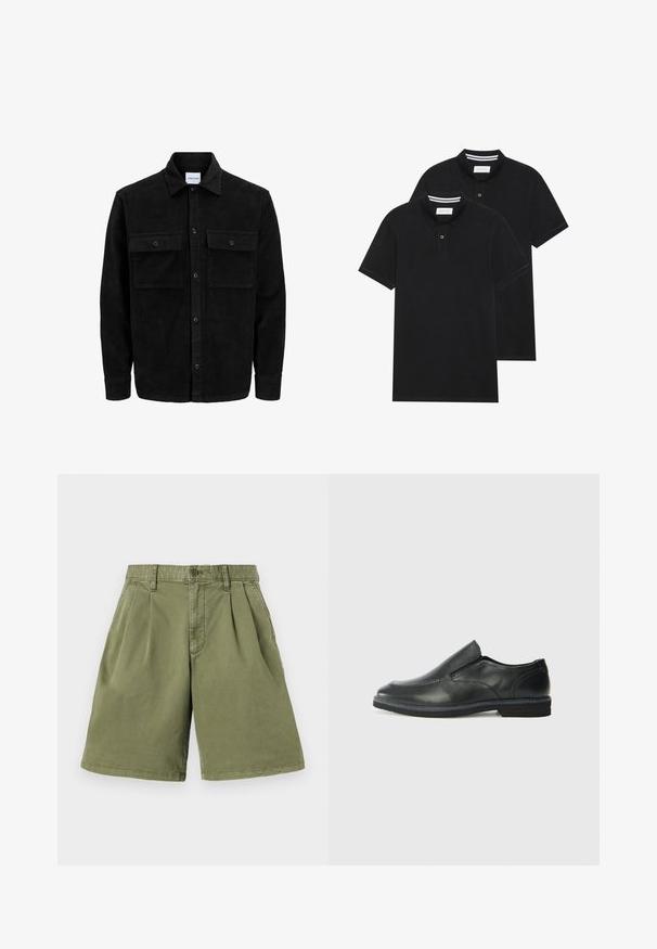 Jachetă din catifea neagră, cu butoni, două buzunare frontale cu clapetă și un guler clasic, mâneci lungi și textură ribbed.; Două tricouri polo negre, cu mânecă scurtă, din material de bumbac, având un guler clasic, deschidere cu două butoane și accente albe cu dungi în interiorul gulerului.; Shorts kaki cu plii în față, confecționați dintr-un amestec de bumbac. Au curea de pantaloni și închidere cu nasture, cu tiv drept și finisare curată.; Pantof de piele neagră, tip slip-on, cu un superior neted, accente cusute, vârf rotunjit și un toc jos din cauciuc. Talpa are un profil minim de aderență.