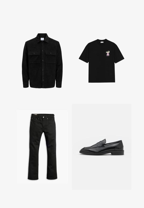 Jachetă din catifea neagră, cu butoni, două buzunare frontale cu clapetă și un guler clasic, mâneci lungi și textură ribbed.; Tricou din bumbac negru, cu un grafic colorat pe pieptul stâng, reprezentând un ursuleț de pluş și un text stilizat, cu mâneci scurte și gât rotund.; Jeans negri din denim cu un design cu picior drept, cinci buzunare, închidere cu buton metalic și detalii de cusătură subtile. Textură netedă și culoare uniformă.; Pantofofi din piele neagră cu un finisaj neted, având vârful rotunjit și o bandă îngustă pe partea superioară. Toc mic, stratificat.