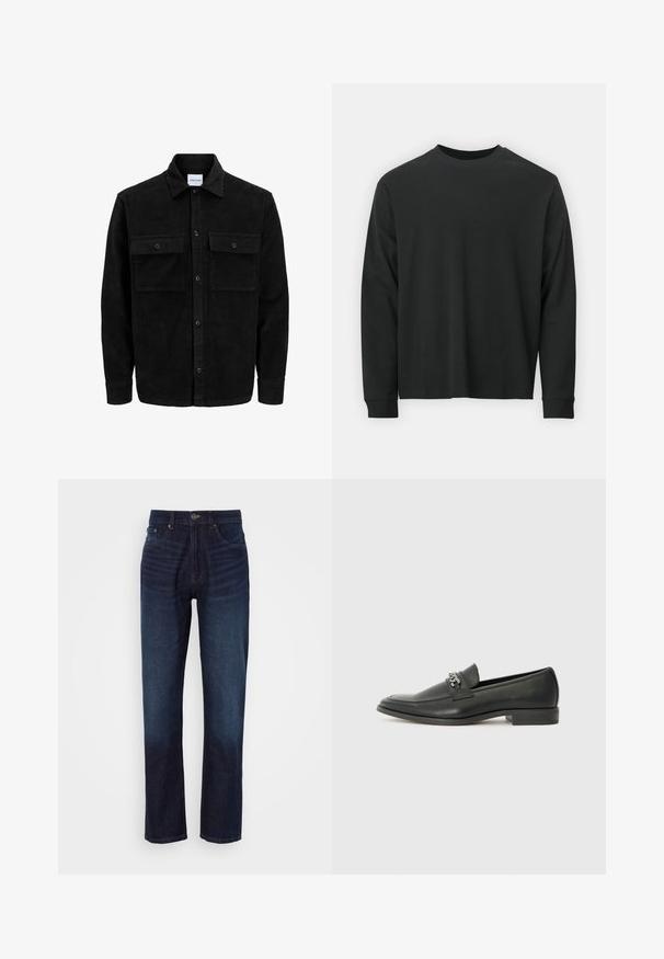 Mustmustöös nupuga jope, millel on kaks eesmist klapiga taskut ja klassikaline kaelus, pikad varrukad ning ribakujuline tekstuur.; Pika pikkade varrukatega must T-särk, mis on valmistatud puuvillast, ümarate kaelustega, lohvaka lõikega ja soonikute mansettidega. Sujuv tekstuur, ilma nähtavate mustriteta.; Tumed sinise denimi teksad, otse lõikega, millel on tõmblukk, viis taskut ja esiküljel contrasti loomiseks pleekinud alue.; Must haveate nahkking punased, millel on sile viimistlus, tikitud muster ja dekoratiivne metallkett vampi üle. Tasane konts.