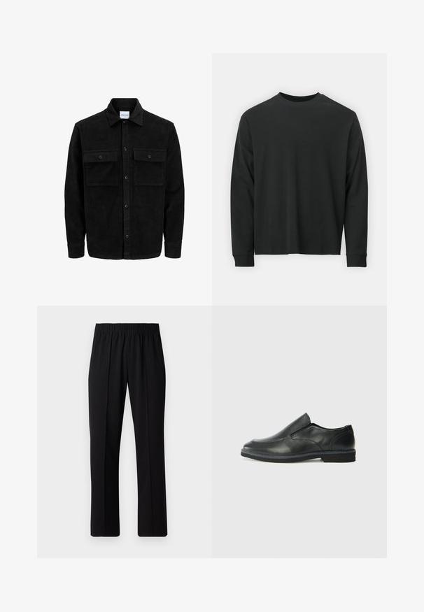 Black corduroy button-up jacket with two front flap pockets and a classic collar, long sleeves, and ribbed texture.; Long-sleeve black T-shirt made of cotton, featuring a round neckline, loose fit, and ribbed cuffs. Smooth texture with no visible patterns.; Black, elastic-waist trousers with a straight-leg design, featuring a smooth texture and no visible patterns or hardware.; Black leather slip-on shoe with a smooth upper, stitched accents, rounded toe, and a low rubber heel. Sole features minimal tread.