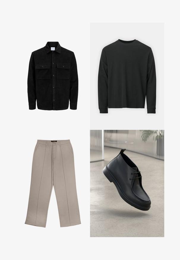 Czarna kurtka z korduru z guzikami, z dwoma przednimi kieszeniami na klapki oraz klasycznym kołnierzem, długimi rękawami i ryżowym splotem.; Czarna koszulka z długim rękawem, wykonana z bawełny, z okrągłym dekoltem, luźnym krojem i ściągaczami na rękawach. Gładka tekstura bez widocznych wzorów.; Beżowe spodnie szerokie wykonane z tkaniny, z przednimi kieszeniami, zamkiem błyskawicznym oraz dwiema poziomymi przeszytymi liniami na każdej nogawce.; Czarne skórzane buty o gładkiej fakturze, zaokrąglonym nosku i sznurowanym zapięciu; posiadają niskoprofilową podeszwę oraz uchwyt z tyłu.