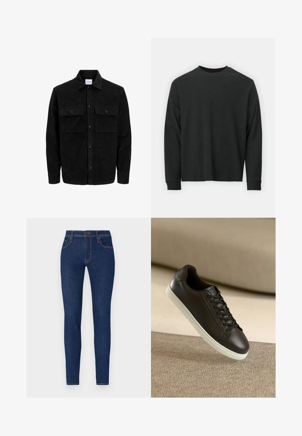 Chaqueta de pana negra con botones, dos bolsillos delanteros con solapa y un cuello clásico, mangas largas y textura acanalada.; Camiseta negra de manga larga, hecha de algodón, con escote redondo, corte holgado y puños acanalados. Textura suave sin patrones visibles.; Jeans skinny de denim azul oscuro con costuras naranjas. Presenta dos bolsillos frontales y un cierre de botón. Textura suave con un diseño ajustado.; Zapatilla de cuero negra con suela de goma blanca y cordones negros, posicionada sobre una superficie y fondo de tela beige.