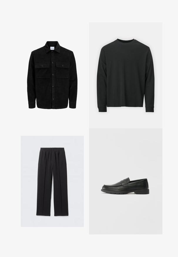 Black corduroy button-up jacket with two front flap pockets and a classic collar, long sleeves, and ribbed texture.; Long-sleeve black T-shirt made of cotton, featuring a round neckline, loose fit, and ribbed cuffs. Smooth texture with no visible patterns.; Black, wide-leg trousers made of textured fabric with an elastic waistband and two side pockets. Features front pleats for tailored appearance.; Black leather loafers with a smooth finish, moccasin-style upper, stitched detailing, and a rubber sole. Classic design with a low heel.