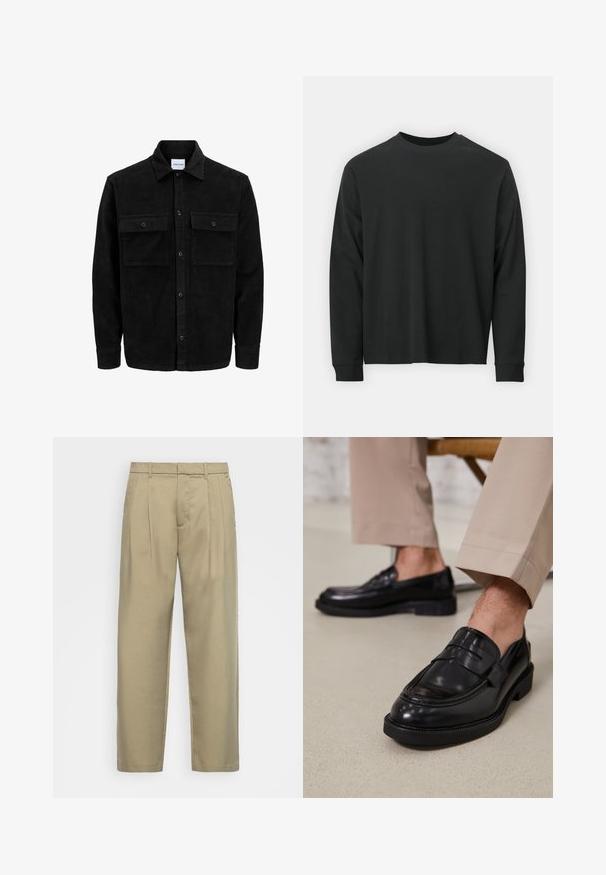 Veste en velours côtelé noire à boutons, avec deux poches à rabat à l'avant et un col classique, des manches longues et une texture côtelée.; T-shirt noir à manches longues en coton, avec un col rond, une coupe ample et des poignets côtelés. Texture lisse sans motifs visibles.; Pantalons beiges taille haute avec une coupe droite, présentant un devant plat, des poches latérales et un tissu lisse au toucher.; Mocassins en cuir noir avec une finition lisse, ornés d'une sangle décorative et de coutures contrastées, associés à un pantalon beige.