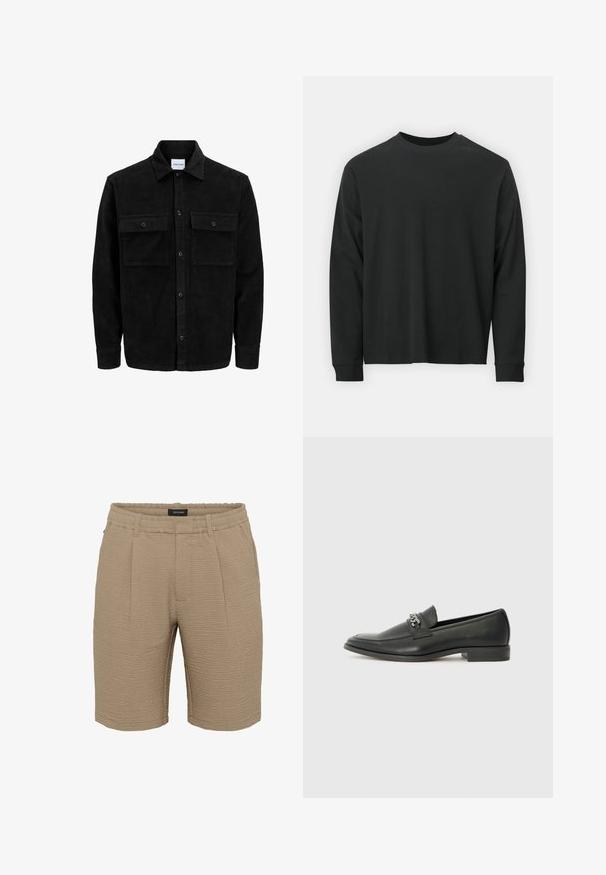 Juodas velveto mygtukų švarkas su dviem priekiniais kišenėmis su atvartais, klasikiniu apykakle, ilgomis rankovėmis ir raukšlėtu paviršiumi.; Ilga melsva juoda marškinėliai, pagaminti iš medvilnės, su apvaliu iškirpimu, laisvu siluetu ir ripsuota apykakle. Lygus paviršius be matomų raštų.; Smėliniai šortai iš tekstūruoto audinio su raukšlėtu paviršiumi, elastinga juosmens juosta ir dviem priekinėmis klostėmis.; Juodos odinės loafer tipo bateliai su lygiu paviršiumi, turintys siuvinėtą dizainą ir dekoratyvų metalo grandinėlės akcentą ant batų viršaus. Plokščias kulnas.