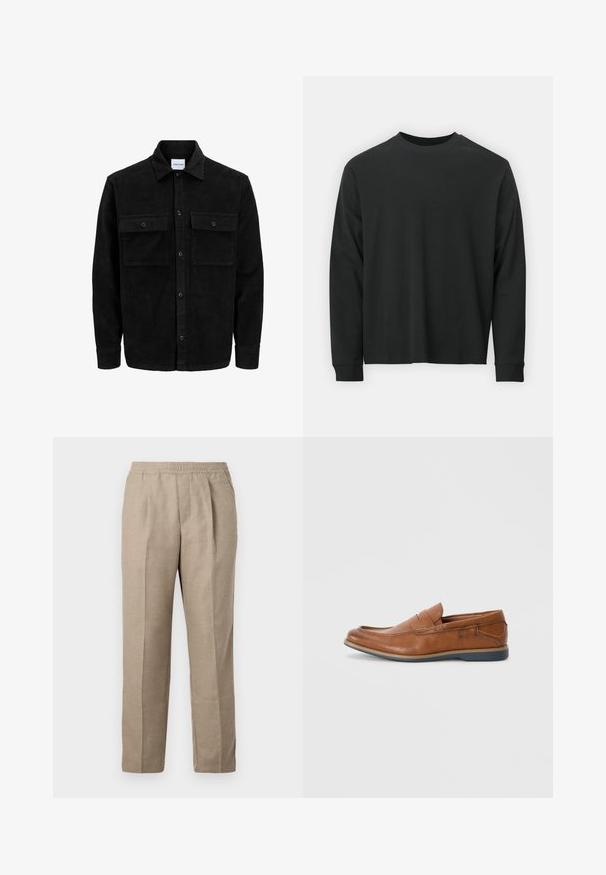 Črna kordurojska jakna z gumbi, z dvema sprednjima žepoma z zavihkom in klasičnim ovratnikom, dolgimi rokavi ter rebrasto teksturo.; Dolga majica iz črnega bombaža z dolgimi rokavi, okroglim izrezom in ohlapnim krojem ter rebrastimi manšetami. Gladka tekstura brez vidnih vzorcev.; Bež hlače širokega kroja z elastičnim pasom, ravnimi nogami in dvema sprednjima nabora. Narejene iz teksturiranega, tkanega materiala.; Rjavi usnjeni loafers s okroglo konico, šivi na površini in nizkim gumijastim podplatom. Oblikovanje vključuje pas čez zgornji del.