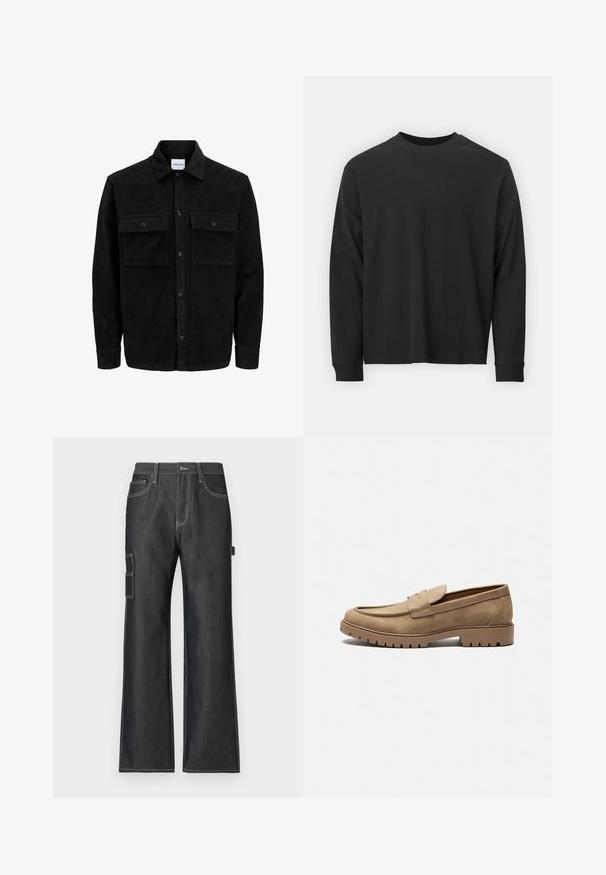 Black corduroy button-up jacket with two front flap pockets and a classic collar, long sleeves, and ribbed texture.; Long-sleeve black T-shirt made of cotton, featuring a round neckline, loose fit, and ribbed cuffs. Smooth texture with no visible patterns.; Dark denim cargo pants with a wide leg design, contrasting white stitching, side pockets, and a patch pocket on the left leg.; Tan suede loafers with a rounded toe, flat rubber sole, and decorative stitching on the upper. Features a slip-on design with no lace.