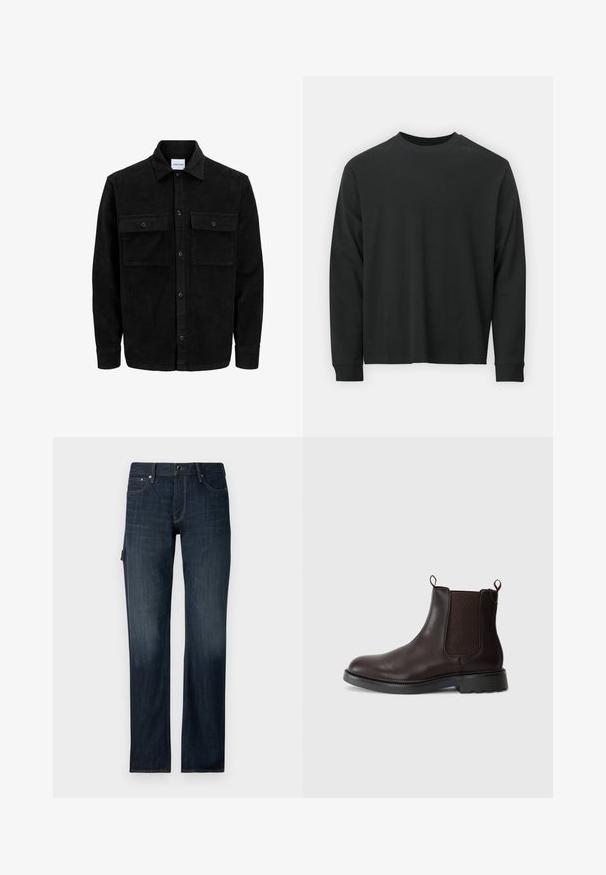Jachetă din catifea neagră, cu butoni, două buzunare frontale cu clapetă și un guler clasic, mâneci lungi și textură ribbed.; Tricou negru cu mânecă lungă, realizat din bumbac, cu guler rotund, croială lejeră și manșete ribbate. Textură netedă, fără modele vizibile.; Jeans din denim bleu închis, cu un design drept, dotat cu închidere frontală cu buton și două buzunare laterale. Textură netedă cu o decolorare subtilă.; Cizme de gleznă din piele marron, cu panouri elastice pe laterale, cu tab-uri pentru a fi trase, și o talpă din cauciuc negru cu un design de profil pentru aderență.