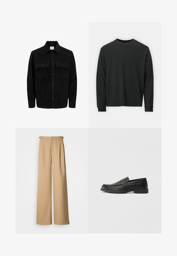 Svart kordfløyels knappjakke med to frontlommer med klaff og klassisk krage, lange ermer og ribbet tekstur.; Langermet svart T-skjorte laget av bomull, med rund hals, løs passform og ribbestrikkede mansjetter. Glatt tekstur uten synlige mønstre.; Beige vide benbukser med høy midje, plissert front og beltestropper. Laget av glatt stoff med et rent, minimalistisk design.; Svart skinnloafers med glatt finish, mokkasin-stil overdel, broderte detaljer og gummisåle. Klassisk design med lav hæl.