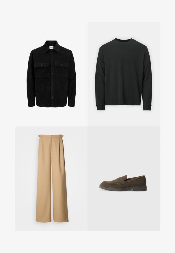 Black corduroy button-up jacket with two front flap pockets and a classic collar, long sleeves, and ribbed texture.; Long-sleeve black T-shirt made of cotton, featuring a round neckline, loose fit, and ribbed cuffs. Smooth texture with no visible patterns.; Beige wide-leg trousers with a high waist, pleated front, and belt loops. Made of smooth fabric with a clean, minimal design.; Brown suede loafer with a rounded toe, a strap across the vamp, and a flat rubber sole. Simple design with clean lines and minimal detailing.