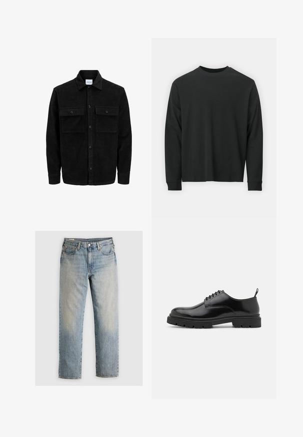 Jachetă din catifea neagră, cu butoni, două buzunare frontale cu clapetă și un guler clasic, mâneci lungi și textură ribbed.; Tricou negru cu mânecă lungă, realizat din bumbac, cu guler rotund, croială lejeră și manșete ribbate. Textură netedă, fără modele vizibile.; Jeans din denim bleu deschis cu un design cu picior drept, stil cu cinci buzunare și cusături vizibile. Spălare uzată și detalii din metal bronzat.; Pantofi din piele neagră, cu șireturi, având vârful rotund, textură netedă și talpă din cauciuc cu nervuri. Dispune de un toc mic și o bucată de prindere în partea din spate.