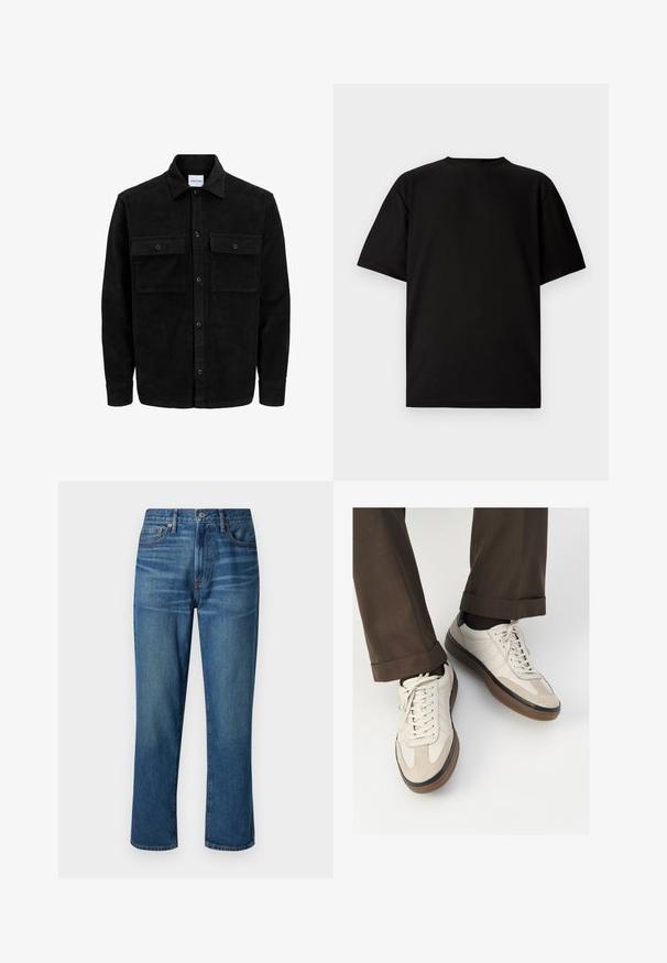 Schwarze Corduroy-Button-Up-Jacke mit zwei frontalem Klappentaschen und klassischem Kragen, langen Ärmeln und gerippter Textur.; Schwarzes kurzärmeliges T-Shirt aus geripptem Stoff. Mit rundem Halsausschnitt und lockerer Passform sowie glatter Textur. Nur Rückansicht.; Dunkelblaue Denim-Jeans mit geradem Bein, ausgestattet mit fünf Taschen und Metallbeschlägen. Der Stoff hat eine leicht ausgebleichte Textur.; Beige Sneakers mit einer strukturierten Wildlederfront, glatten Lederseiten und einer braunen Gummisohle. Bändel und helle Nähdetails sind enthalten.