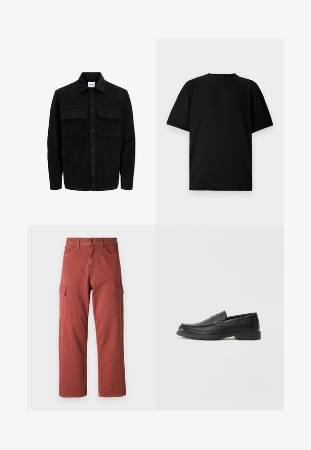 Juodas velveto mygtukų švarkas su dviem priekiniais kišenėmis su atvartais, klasikiniu apykakle, ilgomis rankovėmis ir raukšlėtu paviršiumi.; Juodas trumpas rankovėmis marškinėliai, pagaminti iš juostuoto audinio. Su apvaliu iškirpimu ir laisvu siluetu, su lygiu paviršiumi. Tik atgalinis vaizdas.; Kargo kelnės raudonai rudos spalvos, pagamintos iš tvirto audinio, su šoninėmis kišenėmis, tiesiomis kojomis ir matomomis siuvimo detalėmis.; Juodai odiniai loaferiai su sklandžiu paviršiumi, mokasino stiliaus viršus, siuvinėjimu ir guminėmis padangomis. Klasikinis dizainas su žemu kulnu.