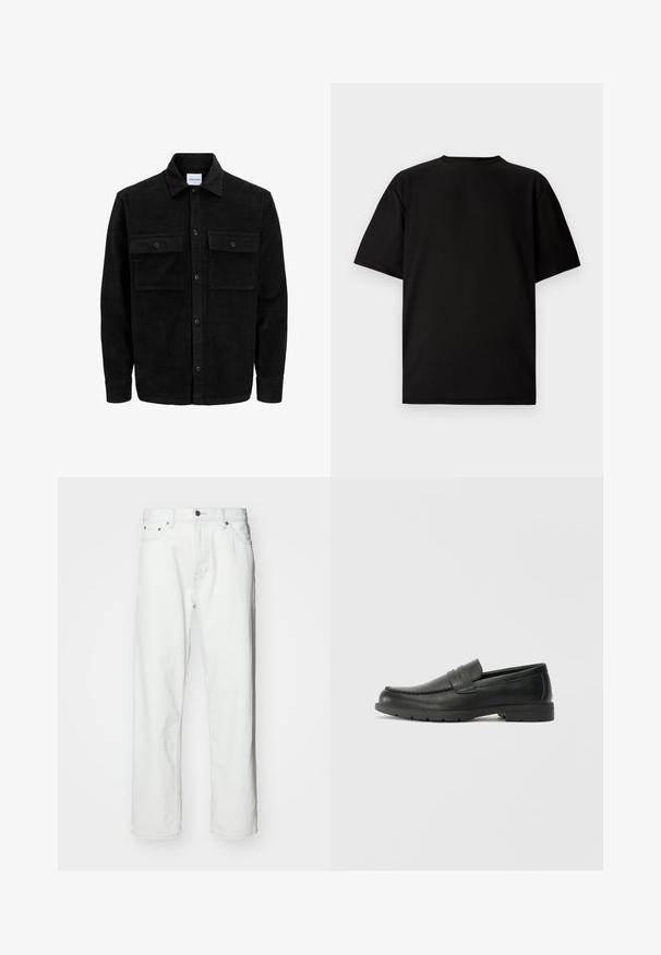 Jachetă din catifea neagră, cu butoni, două buzunare frontale cu clapetă și un guler clasic, mâneci lungi și textură ribbed.; Tricou negru cu mânecă scurtă, fabricat din material cu textură de tip ribbed. Are un decolteu rotund și o croială lejeră cu o textură fină. Vedere din spate.; Blugi din denim alb cu croială dreaptă, design cu cinci buzunare, închidere cu nasture și detalii de cusătură discrete. Textură netedă și stil minimalist.; Labeled cu oglindă din piele neagră cu un finisaj neted, partea superioară în stil mocasin, detalii cusute și o talpă din cauciuc. Design clasic cu un toc jos.