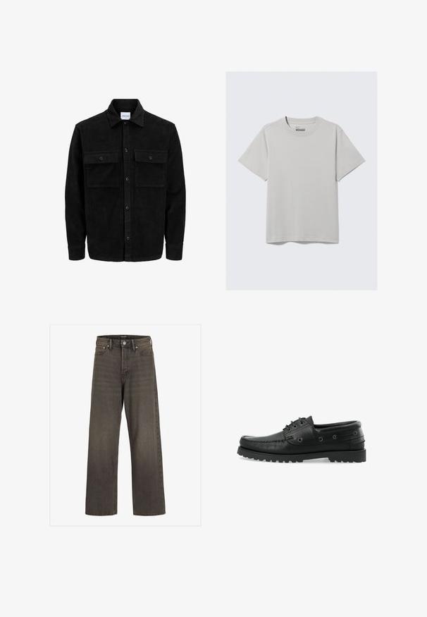 Giacca in corduroy nera con bottoni, due tasche anteriori con patta, colletto classico, maniche lunghe e texture a coste.; T-shirt in cotone grigio chiaro con scollatura rotonda e maniche corte, caratterizzato da un design minimalista e una vestibilità rilassata. Senza motivi o accenti.; Jeans a gamba larga in denim grigio scuro, con vita alta, design classico a cinque tasche e cuciture a contrasto lungo le cuciture.; Scarpe da barca in pelle nera con superficie strutturata, design con lacci, suola in gomma con trazione, e occhielli in metallo sui lati.