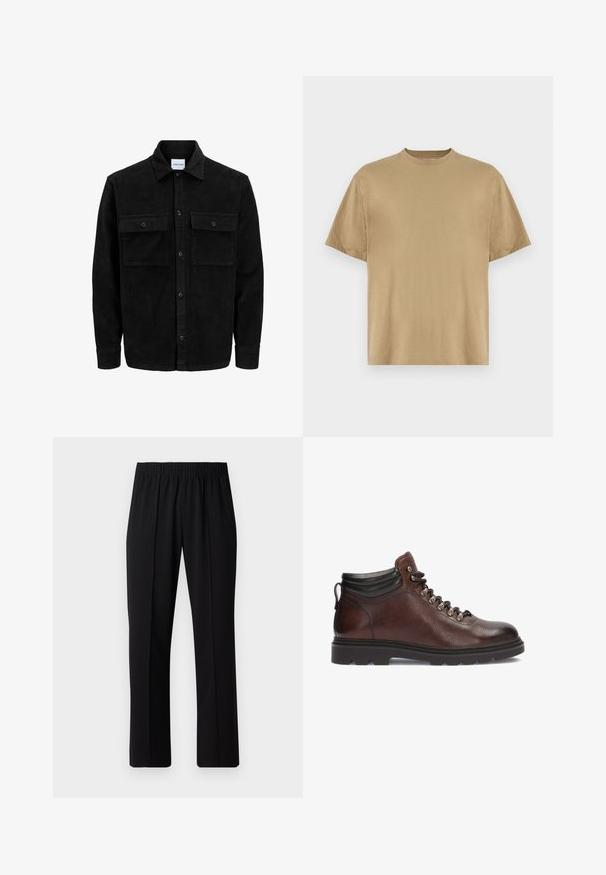 Veste en velours côtelé noire à boutons, avec deux poches à rabat à l'avant et un col classique, des manches longues et une texture côtelée.; T-shirt khaki à manches courtes en tissu doux, avec un col rond et une coupe décontractée. Aucun motif ou graphique visible.; Pantalons noirs à taille élastique avec une coupe droite, présentant une texture lisse et sans motifs ni éléments visibles.; Bottes de randonnée en cuir marron avec une finition texturée, œillets en argent et col de cheville noir. Semelle en caoutchouc avec un motif de traction robuste.