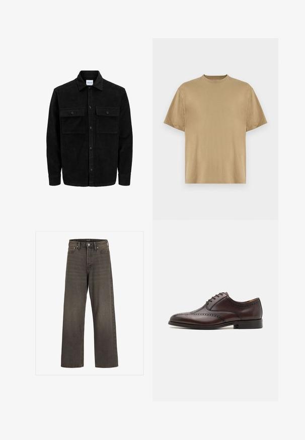 Crni kožni kord jakna na dugmad s dva prednja džepa s preklopom i klasičnim ovratnikom, dugim rukavima i rebrastom teksturom.; Khaki majica s kratkim rukavima izrađena od mekog materijala, s okruglim izrezom i ležernim krojem. Nema vidljivih uzoraka ni grafika.; Široke traperice u tamnosivom denimu, s visokim strukom, klasičnim dizajnom s pet džepova i kontrastnim šavovima duž šavova.; ALDO DONALD - Elegantna obuća s vezicama - dark brown