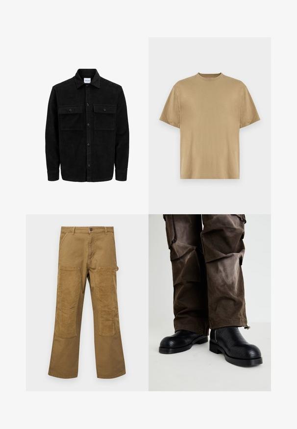 Melnas kordūru pogu jaka ar divām priekšējām atloka kabatām un klasisku apkakli, garām piedurknēm un ribotu tekstūru.; Khaki krāsas īsu piedurkņu T-krekls, izgatavots no mīkstas auduma, ar apaļu dekoltē un brīvu piegriezumu. Nav redzami raksti vai grafiki.; Kraftīga brūna kokvilnas auduma bikses ar kontrastējošiem ribotiem auduma ielāpiem, taisna kāju griezuma, piecām kabatām un pogu aizdari.; Koi Footwear THE LAST COURTSHIP MENS ORNATE STACKED - Kovboju/motociklistu tipa zābaki - black lizard