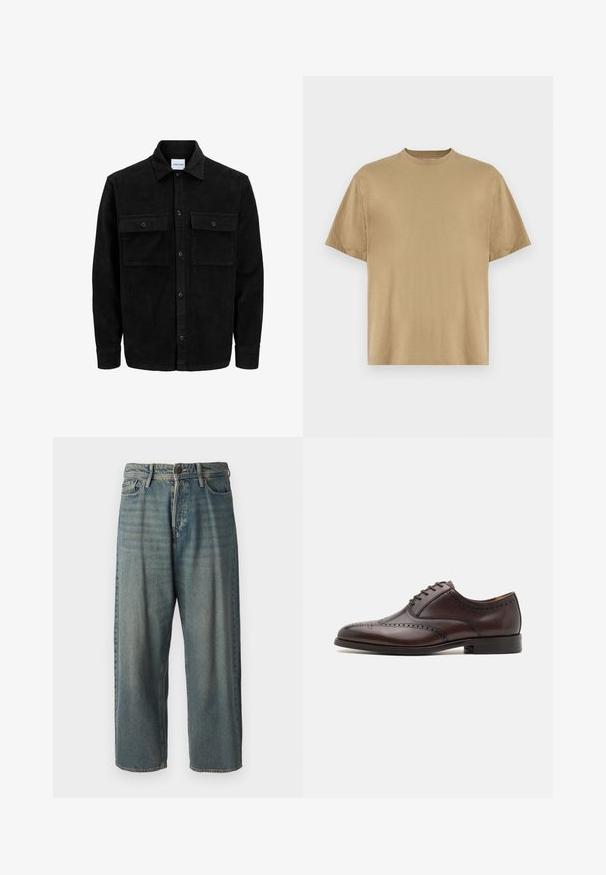 Črna kordurojska jakna z gumbi, z dvema sprednjima žepoma z zavihkom in klasičnim ovratnikom, dolgimi rokavi ter rebrasto teksturo.; Khaki majica s kratkimi rokavi, izdelana iz mehkega materiala, z okroglo ovratnico in sproščenim krojem. Brez vzorcev ali grafik.; Svetlomoderne kavbojke z ohlapnim krojem, srednjim pasom in ravnimi nogami. Imajo pet žepov, zanke za pas in zapiranje na gumb.; ALDO DONALD - Elegantni čevlji z vezalkami - dark brown