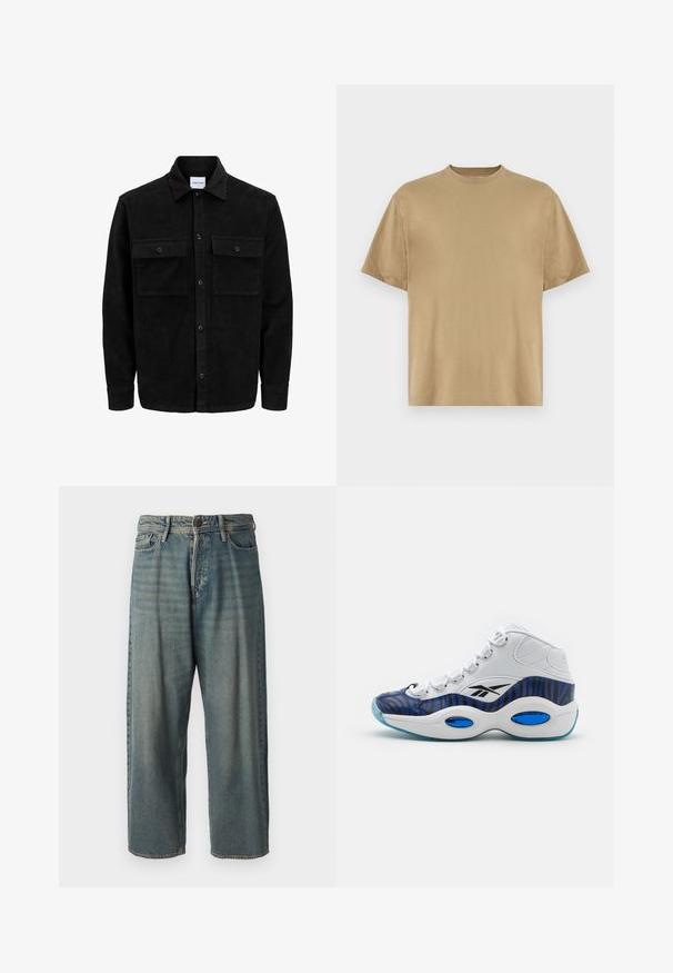 Czarna kurtka z korduru z guzikami, z dwoma przednimi kieszeniami na klapki oraz klasycznym kołnierzem, długimi rękawami i ryżowym splotem.; Khaki koszula T-shirt z krótkim rękawem, wykonana z miękkiego materiału, z okrągłym dekoltem i luźnym fasonem. Brak widocznych wzorów lub grafik.; Jasnoniebieskie dżinsy o luźnym kroju, średnim stanie i prostych nogawkach. Posiadają pięć kieszeni, szlufki na pasek oraz zapięcie na guzik.; Wysoki but sportowy z białą skórzaną cholewką, niebiesko-czarnym wzorem w zebry, z przezroczystą, jasnoniebieską podeszwą.