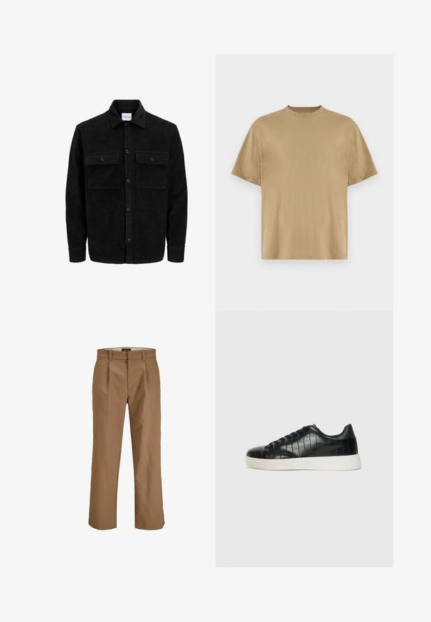 Svart kordfløyels knappjakke med to frontlommer med klaff og klassisk krage, lange ermer og ribbet tekstur.; Khaki kortermet T-skjorte laget av mykt stoff, med rund hals og en avslappet passform. Ingen mønstre eller grafikk er synlige.; Brune bukser laget av et glatt stoff, med rette ben, preg på forsiden og beltehemper. Ingen synlige mønstre eller detaljer.; Svarte joggesko med en teksturert krokodille-embossed læroverdel, rund tå og en kontrasterende hvit gummisåle med en glatt overflate.