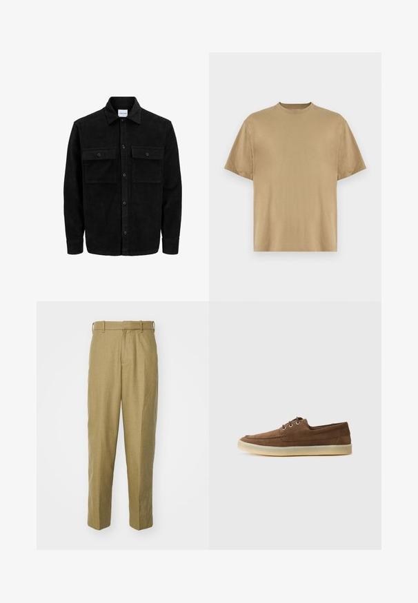 Črna kordurojska jakna z gumbi, z dvema sprednjima žepoma z zavihkom in klasičnim ovratnikom, dolgimi rokavi ter rebrasto teksturo.; Khaki majica s kratkimi rokavi, izdelana iz mehkega materiala, z okroglo ovratnico in sproščenim krojem. Brez vzorcev ali grafik.; Bež hlače iz teksturirane tkanine, z ravnimi nogami, zankami za pas in sprednjimi pregibi.; Rjave semiš čevlje z nizkim profilom, vezavnim dizajnom, gumijastim podplatom in kontrastnim šivanjem. Preprost in funkcionalen stil.