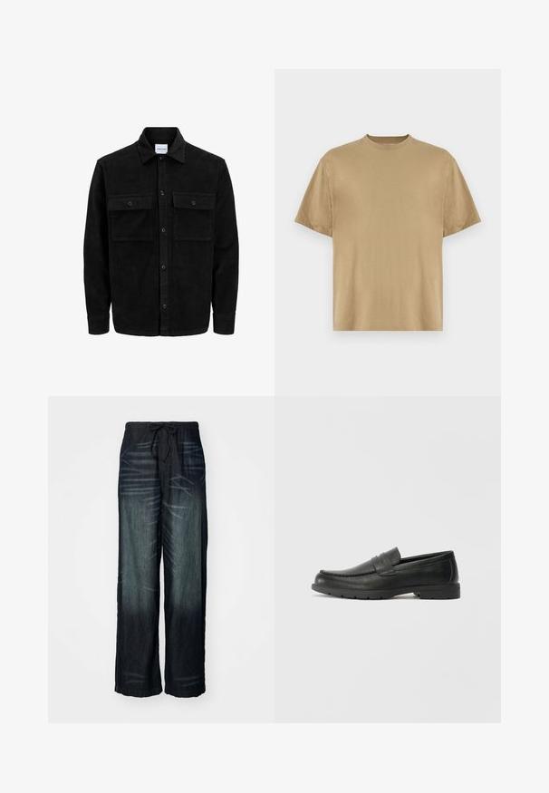 Jachetă din catifea neagră, cu butoni, două buzunare frontale cu clapetă și un guler clasic, mâneci lungi și textură ribbed.; Tricou kaki cu mânecă scurtă, confecționat dintr-un material moale, având decolteu rotund și o croială lejeră. Fără modele sau grafice vizibile.; Pantaloni largi din denim închis, cu un degradé treptat. Prezentând o talie elastică cu șnur. Textură netedă cu modele subtile de uzură.; Labeled cu oglindă din piele neagră cu un finisaj neted, partea superioară în stil mocasin, detalii cusute și o talpă din cauciuc. Design clasic cu un toc jos.